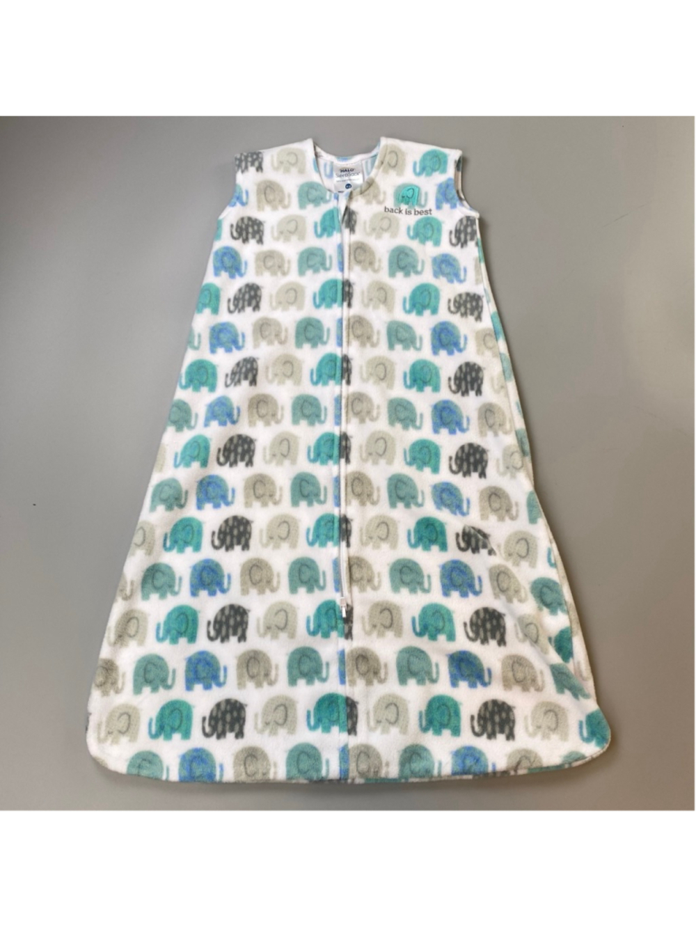 HALO SleepSack Fleece 6-12 Month Baby White Grey Teal Elephant Print Mint Zipper
